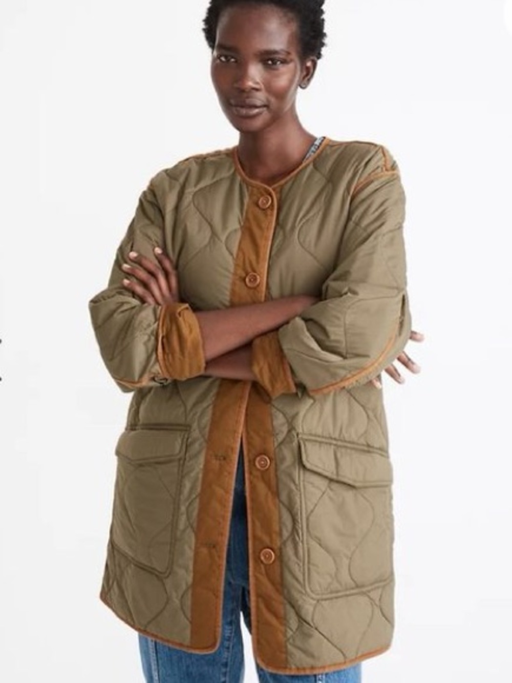 Madewell Reversible Quilted Liner Jacket Mustard Olive Green Longline Coat S